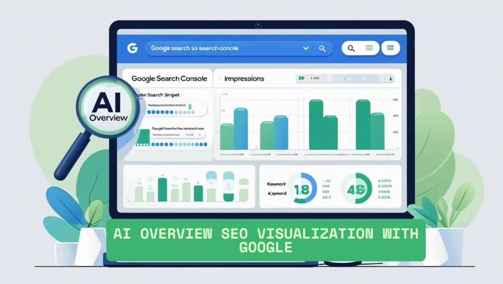 AI Overview SEO visualization with Google results and analytics dashboard”