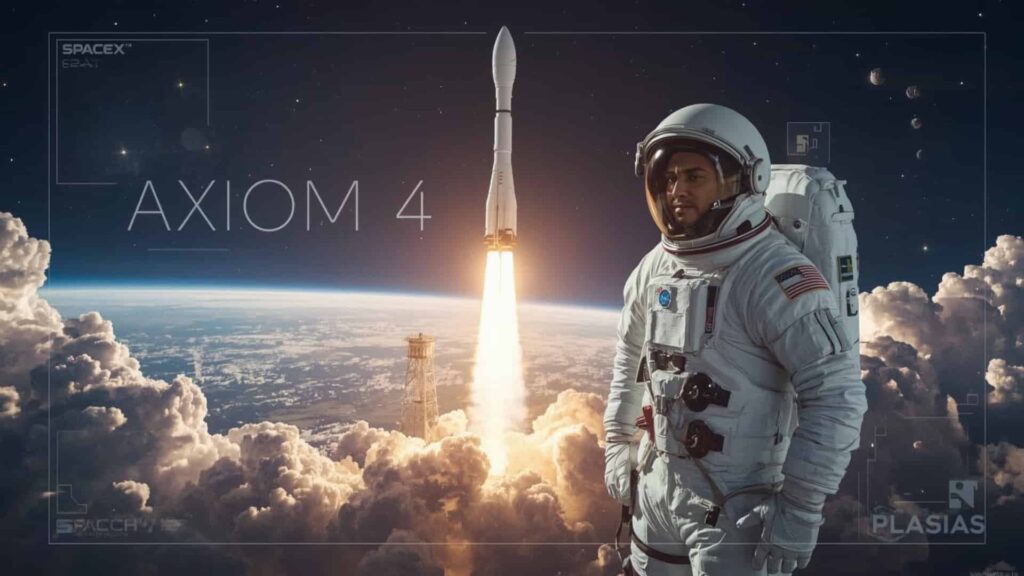 Axiom 4 Launch – Indian astronaut Shubhanshu Shukla with rocket launching and Earth in background